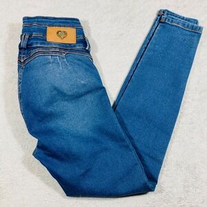 Golden Heart Skinny Jeans Women 26 Blue High Rise 3-Button Fly Heart Patch